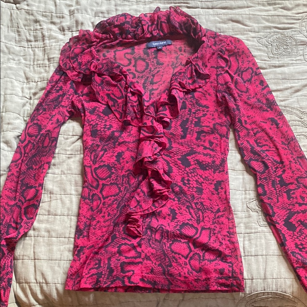 Vintage Red Mesh Ruffle Snake Print Top